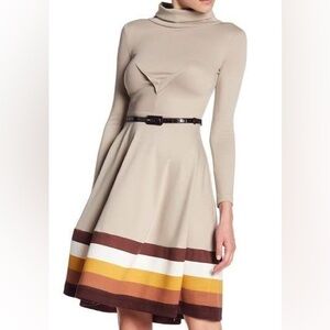 NWT LADA LUCCI Striped Hem Belted Dress in Sand, Sz. S